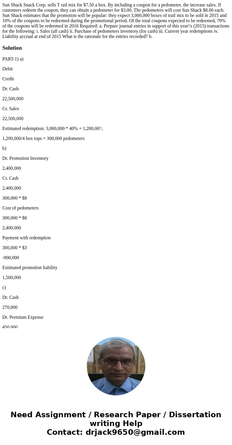 Sun Shack Snack Corp. sells T rail mix for $7.50 a box. By including a coupon for a pedometer, the increase sales. If customers redeem the coupon, they can obt  Sun Shack Snack Corp. sells T rail mix for $7.50 a box. By including a coupon for a pedometer, the increase sales. If customers redeem the coupon, they can obt