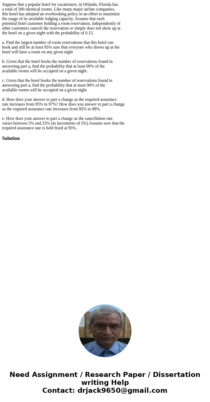 Suppose that a popular hotel for vacationers, in Orlando, Florida has a total of 300 identical rooms. Like many major airline companies, this hotel has adopted  Suppose that a popular hotel for vacationers, in Orlando, Florida has a total of 300 identical rooms. Like many major airline companies, this hotel has adopted