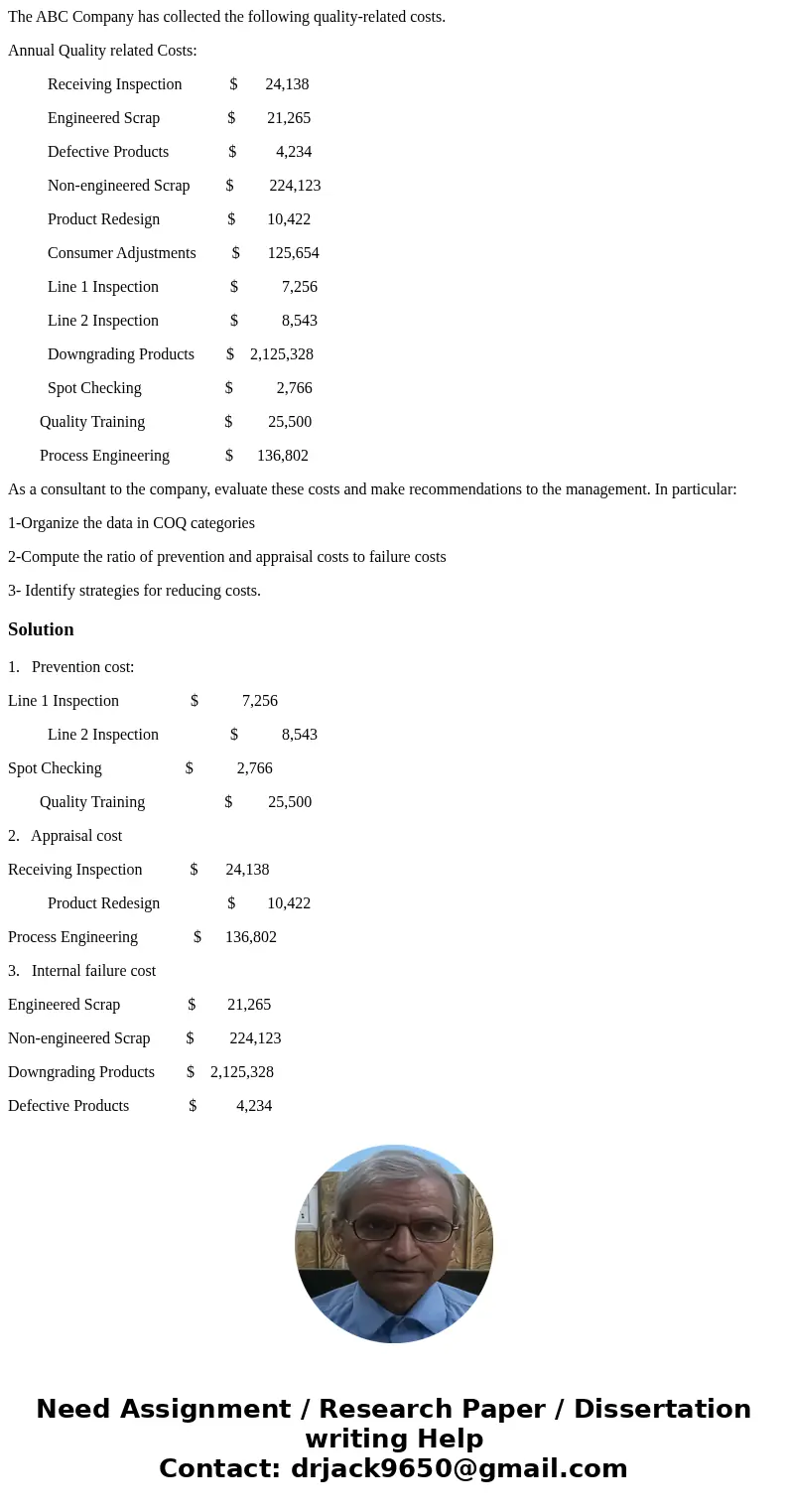 The ABC Company has collected the following quality-related costs. Annual Quality related Costs: Receiving Inspection $ 24,138 Engineered Scrap $ 21,265 Defecti The ABC Company has collected the following quality-related costs. Annual Quality related Costs: Receiving Inspection $ 24,138 Engineered Scrap $ 21,265 Defecti