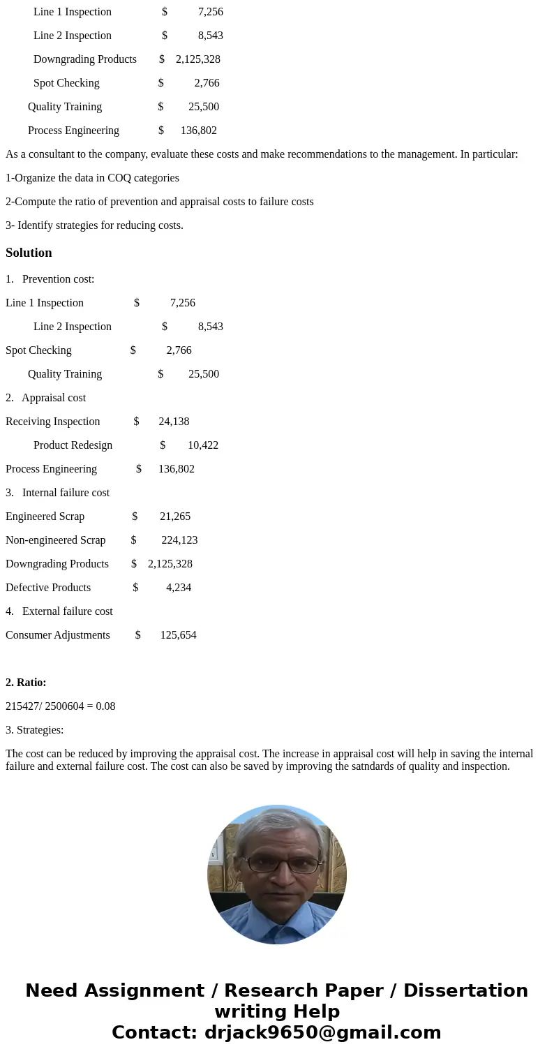 The ABC Company has collected the following quality-related costs. Annual Quality related Costs: Receiving Inspection $ 24,138 Engineered Scrap $ 21,265 Defecti The ABC Company has collected the following quality-related costs. Annual Quality related Costs: Receiving Inspection $ 24,138 Engineered Scrap $ 21,265 Defecti