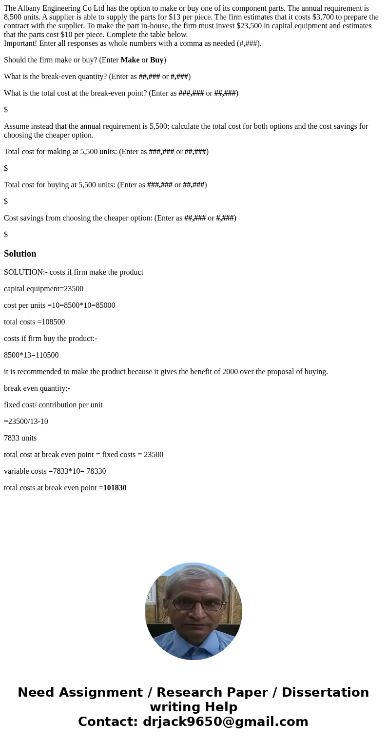The Albany Engineering Co Ltd has the option to make or buy one of its component parts. The annual requirement is 8,500 units. A supplier is able to supply the  The Albany Engineering Co Ltd has the option to make or buy one of its component parts. The annual requirement is 8,500 units. A supplier is able to supply the