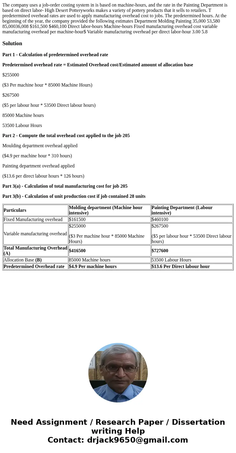 The company uses a job-order costing system in is based on machine-hours, and the rate in the Painting Department is based on direct labor- High Desert Pottery  The company uses a job-order costing system in is based on machine-hours, and the rate in the Painting Department is based on direct labor- High Desert Pottery