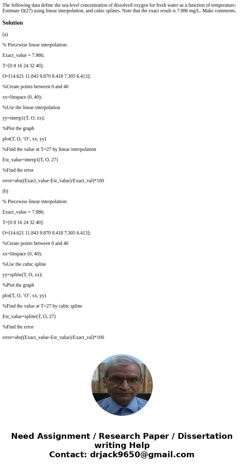 The following data define the sea-level concentration of dissolved oxygen for fresh water as a function of temperature: Estimate O(27) using linear interpolati  The following data define the sea-level concentration of dissolved oxygen for fresh water as a function of temperature: Estimate O(27) using linear interpolati