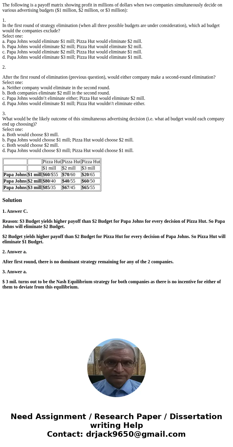 The following is a payoff matrix showing profit in millions of dollars when two companies simultaneously decide on various advertising budgets ($1 million, $2 m The following is a payoff matrix showing profit in millions of dollars when two companies simultaneously decide on various advertising budgets ($1 million, $2 m
