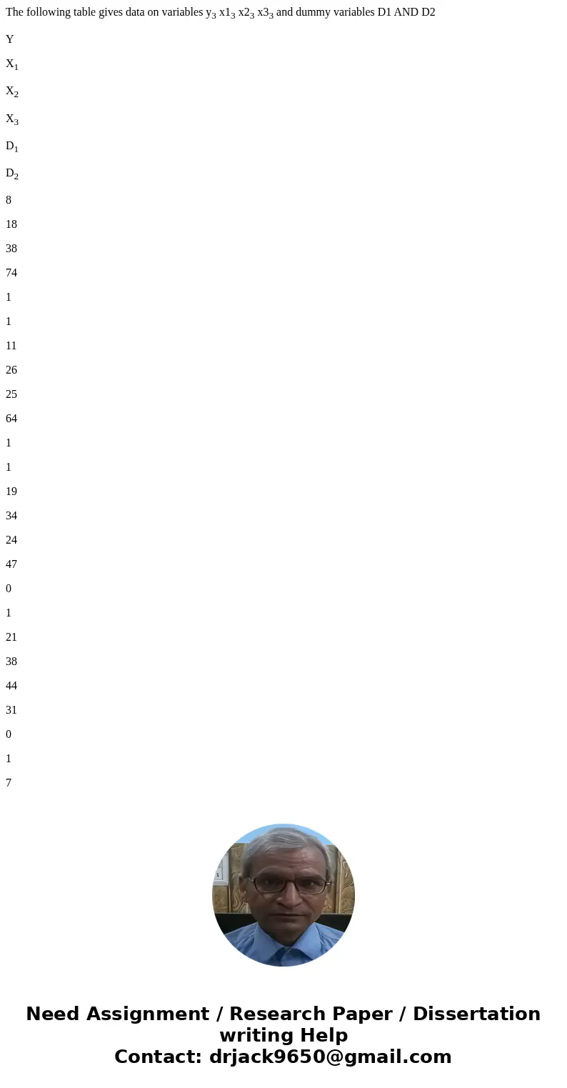The following table gives data on variables y3 x13 x23 x33 and dummy variables D1 AND D2 Y X1 X2 X3 D1 D2 8 18 38 74 1 1 11 26 25 64 1 1 19 34 24 47 0 1 21 38 4 The following table gives data on variables y3 x13 x23 x33 and dummy variables D1 AND D2 Y X1 X2 X3 D1 D2 8 18 38 74 1 1 11 26 25 64 1 1 19 34 24 47 0 1 21 38 4