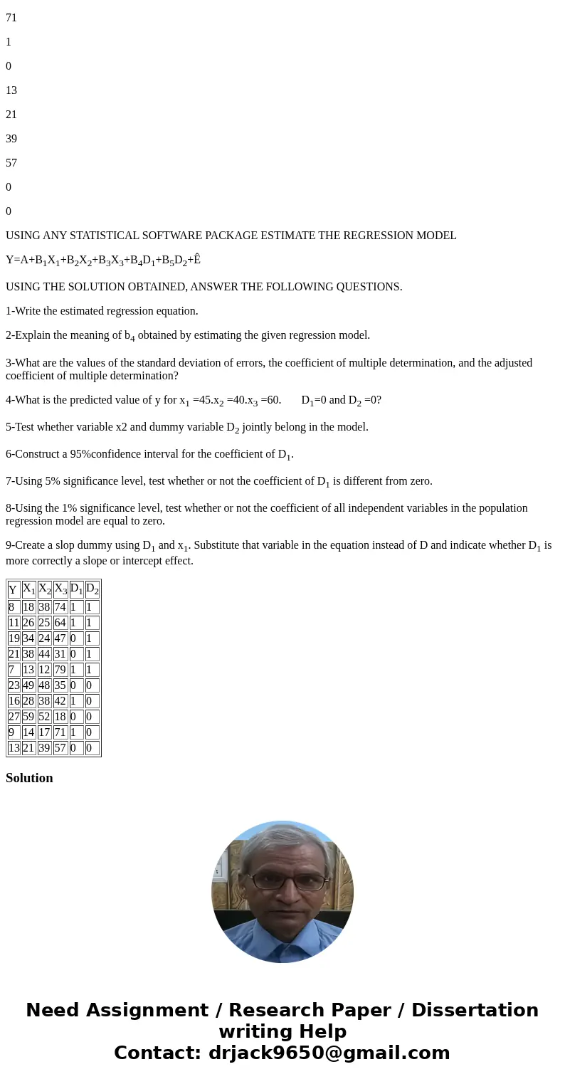 The following table gives data on variables y3 x13 x23 x33 and dummy variables D1 AND D2 Y X1 X2 X3 D1 D2 8 18 38 74 1 1 11 26 25 64 1 1 19 34 24 47 0 1 21 38 4 The following table gives data on variables y3 x13 x23 x33 and dummy variables D1 AND D2 Y X1 X2 X3 D1 D2 8 18 38 74 1 1 11 26 25 64 1 1 19 34 24 47 0 1 21 38 4