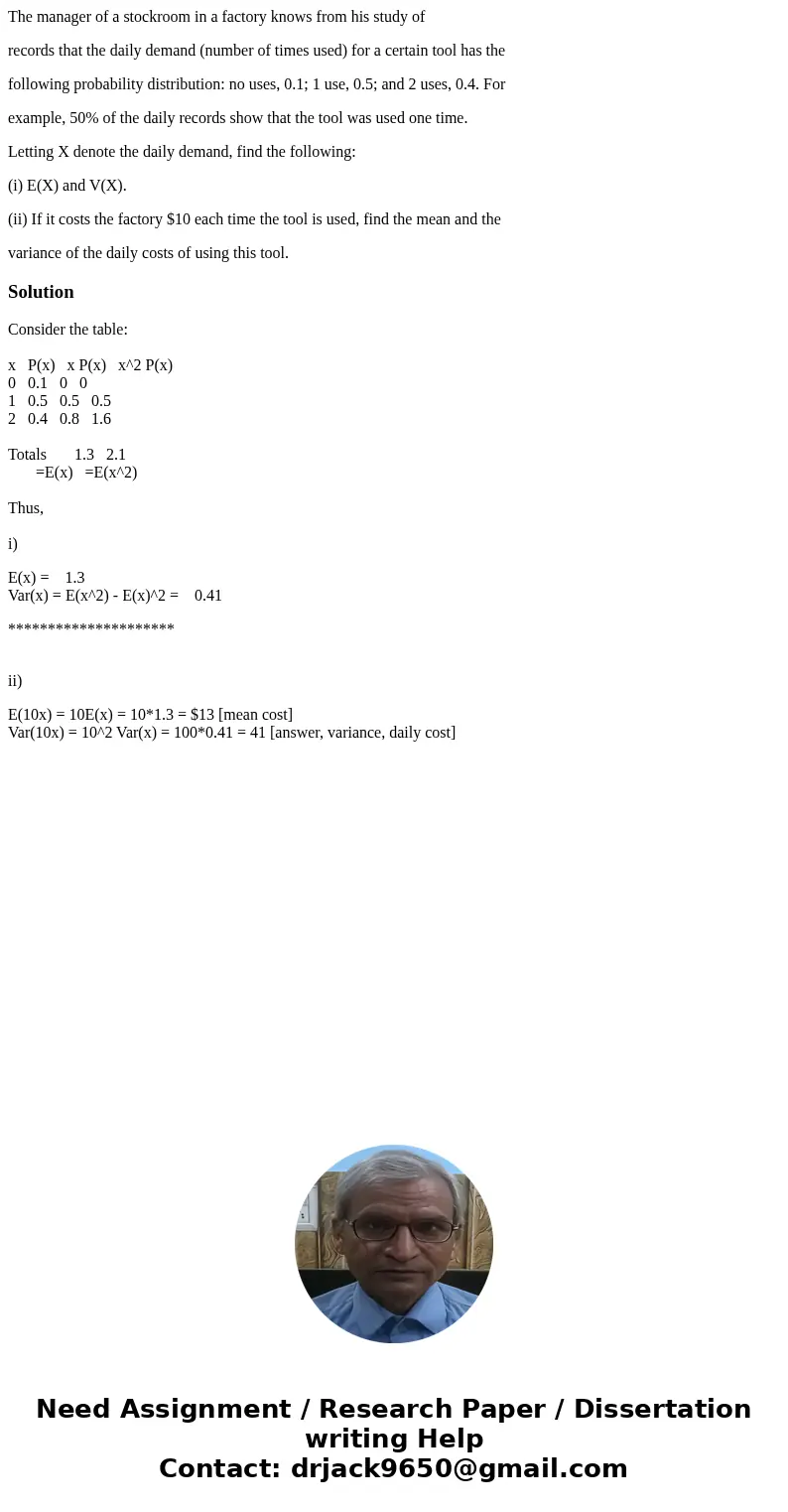The manager of a stockroom in a factory knows from his study of records that the daily demand (number of times used) for a certain tool has the following probab The manager of a stockroom in a factory knows from his study of records that the daily demand (number of times used) for a certain tool has the following probab