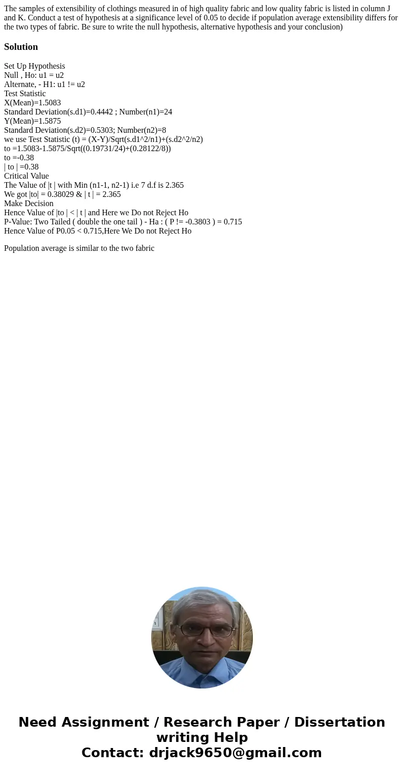 The samples of extensibility of clothings measured in of high quality fabric and low quality fabric is listed in column J and K. Conduct a test of hypothesis a  The samples of extensibility of clothings measured in of high quality fabric and low quality fabric is listed in column J and K. Conduct a test of hypothesis a
