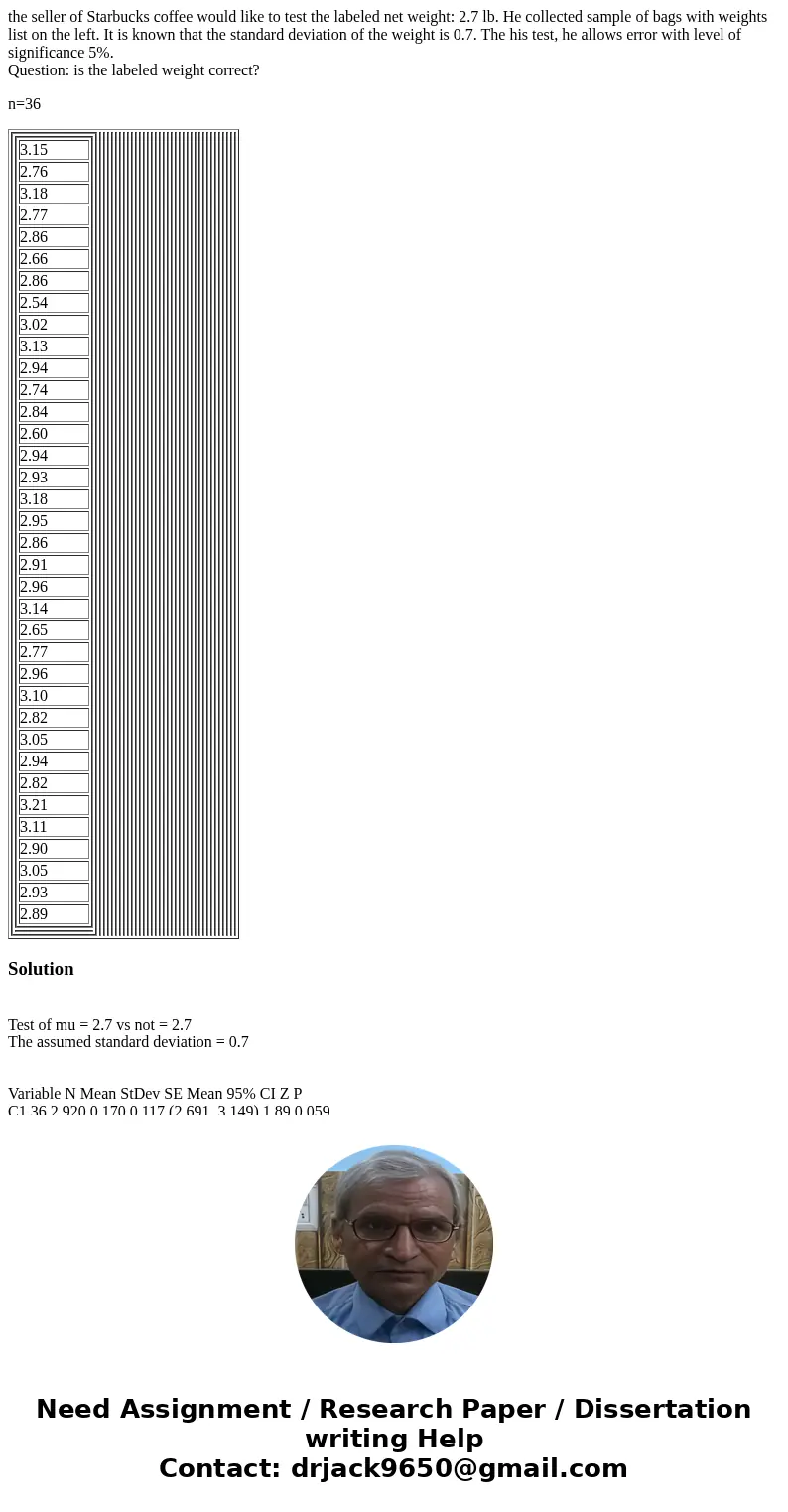 the seller of Starbucks coffee would like to test the labeled net weight: 2.7 lb. He collected sample of bags with weights list on the left. It is known that th the seller of Starbucks coffee would like to test the labeled net weight: 2.7 lb. He collected sample of bags with weights list on the left. It is known that th