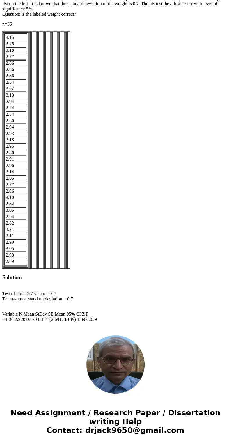 the seller of Starbucks coffee would like to test the labeled net weight: 2.7 lb. He collected sample of bags with weights list on the left. It is known that th the seller of Starbucks coffee would like to test the labeled net weight: 2.7 lb. He collected sample of bags with weights list on the left. It is known that th