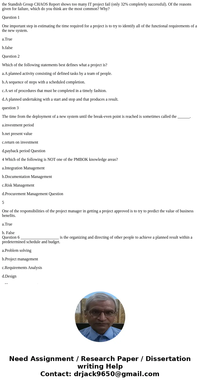 the Standish Group CHAOS Report shows too many IT project fail (only 32% completely successful). Of the reasons given for failure, which do you think are the mo the Standish Group CHAOS Report shows too many IT project fail (only 32% completely successful). Of the reasons given for failure, which do you think are the mo