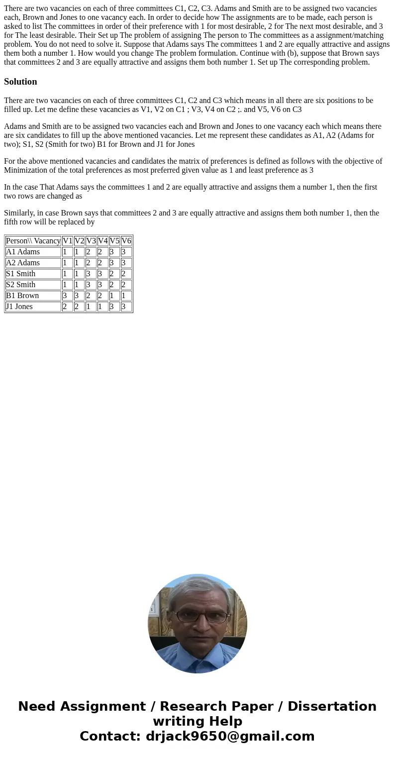 There are two vacancies on each of three committees C1, C2, C3. Adams and Smith are to be assigned two vacancies each, Brown and Jones to one vacancy each. In   There are two vacancies on each of three committees C1, C2, C3. Adams and Smith are to be assigned two vacancies each, Brown and Jones to one vacancy each. In