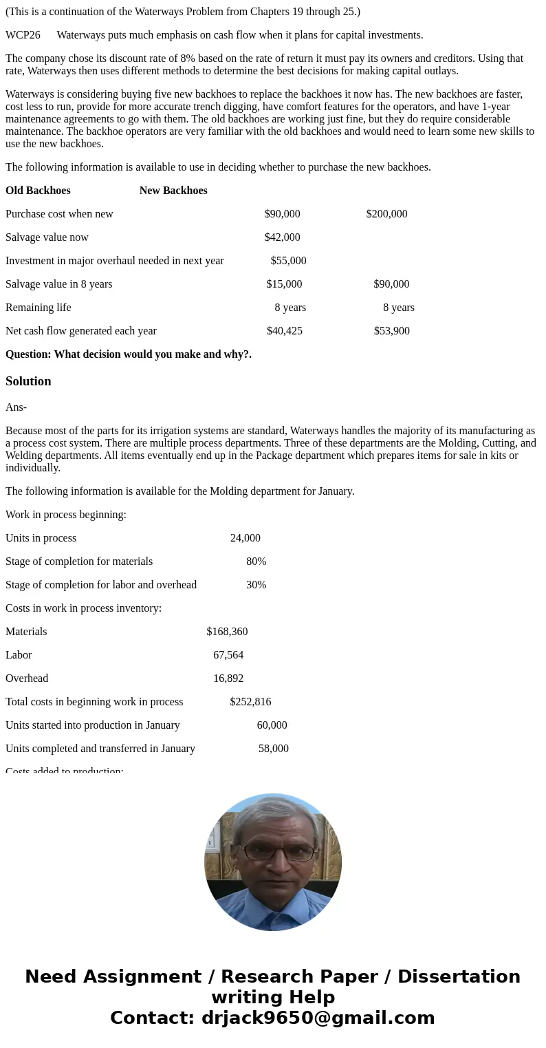 (This is a continuation of the Waterways Problem from Chapters 19 through 25.) WCP26 Waterways puts much emphasis on cash flow when it plans for capital investm (This is a continuation of the Waterways Problem from Chapters 19 through 25.) WCP26 Waterways puts much emphasis on cash flow when it plans for capital investm