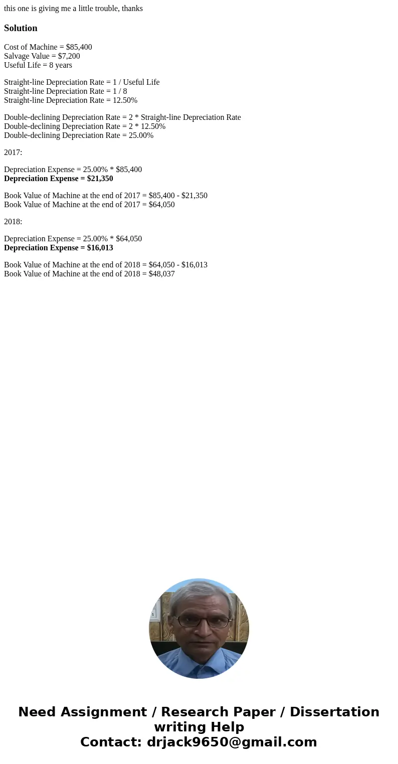 this one is giving me a little trouble, thanksSolutionCost of Machine = $85,400 Salvage Value = $7,200 Useful Life = 8 years Straight-line Depreciation Rate =   this one is giving me a little trouble, thanksSolutionCost of Machine = $85,400 Salvage Value = $7,200 Useful Life = 8 years Straight-line Depreciation Rate =