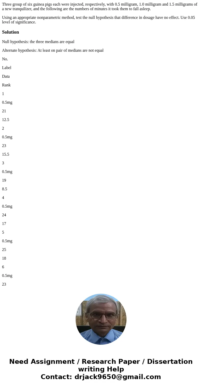 Three group of six guinea pigs each were injected, respectively, with 0.5 milligram, 1.0 milligram and 1.5 milligrams of a new tranquilizer, and the following a Three group of six guinea pigs each were injected, respectively, with 0.5 milligram, 1.0 milligram and 1.5 milligrams of a new tranquilizer, and the following a