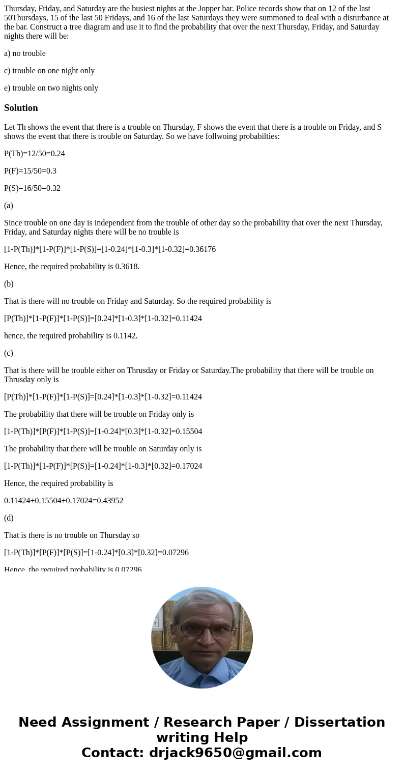 Thursday, Friday, and Saturday are the busiest nights at the Jopper bar. Police records show that on 12 of the last 50Thursdays, 15 of the last 50 Fridays, and  Thursday, Friday, and Saturday are the busiest nights at the Jopper bar. Police records show that on 12 of the last 50Thursdays, 15 of the last 50 Fridays, and
