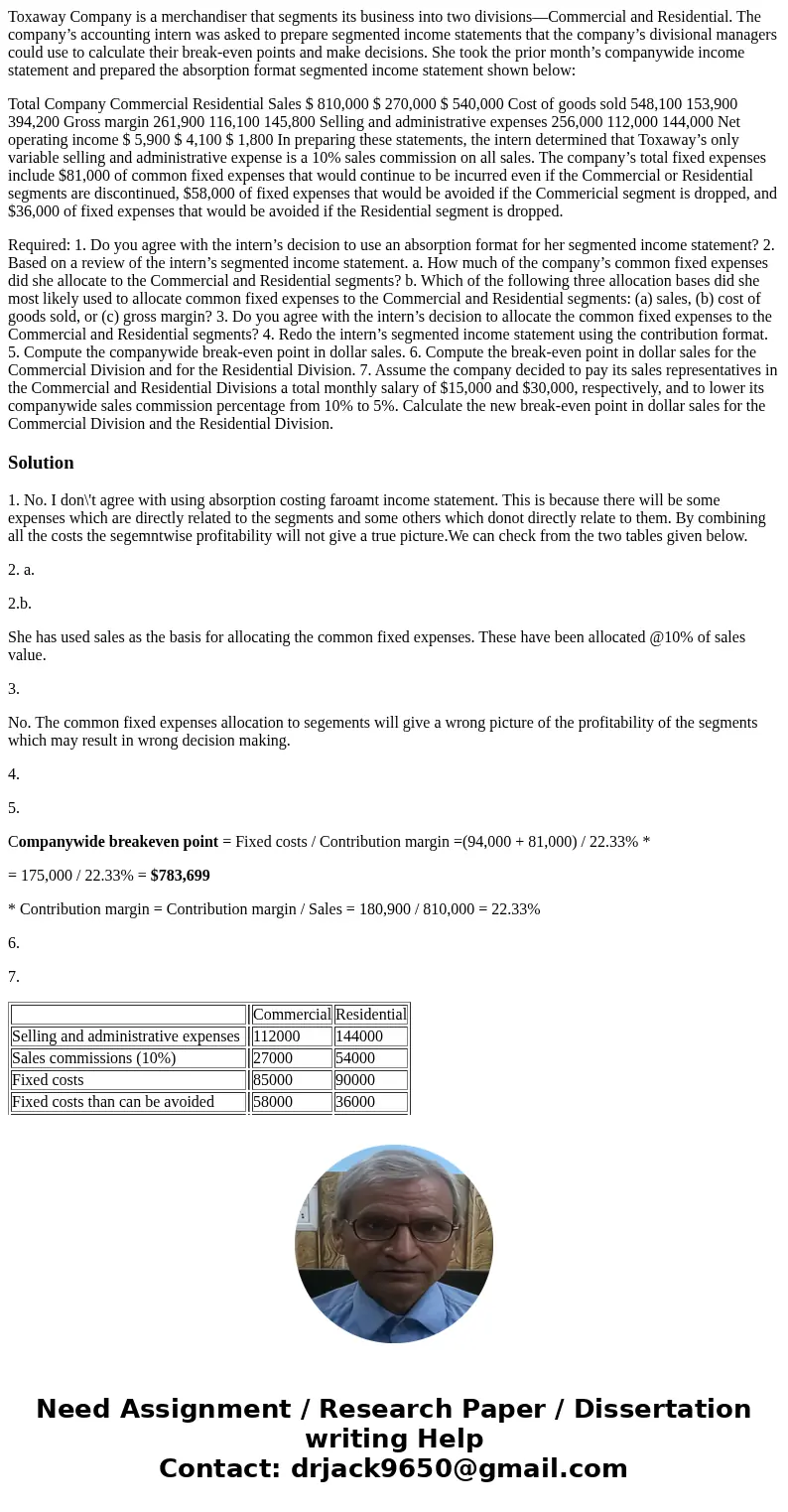 Toxaway Company is a merchandiser that segments its business into two divisions—Commercial and Residential. The company’s accounting intern was asked to prepare Toxaway Company is a merchandiser that segments its business into two divisions—Commercial and Residential. The company’s accounting intern was asked to prepare