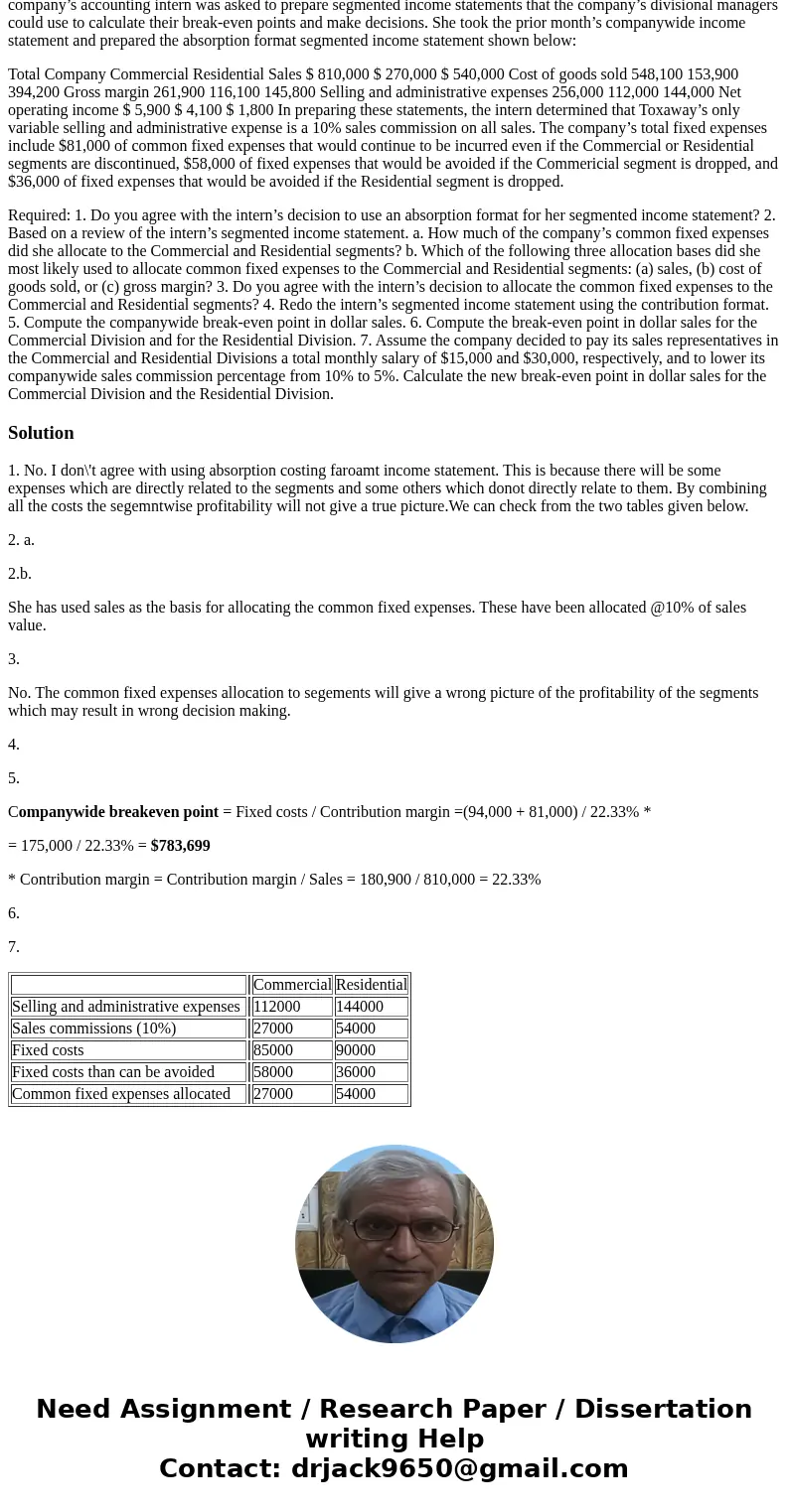 Toxaway Company is a merchandiser that segments its business into two divisions—Commercial and Residential. The company’s accounting intern was asked to prepare Toxaway Company is a merchandiser that segments its business into two divisions—Commercial and Residential. The company’s accounting intern was asked to prepare