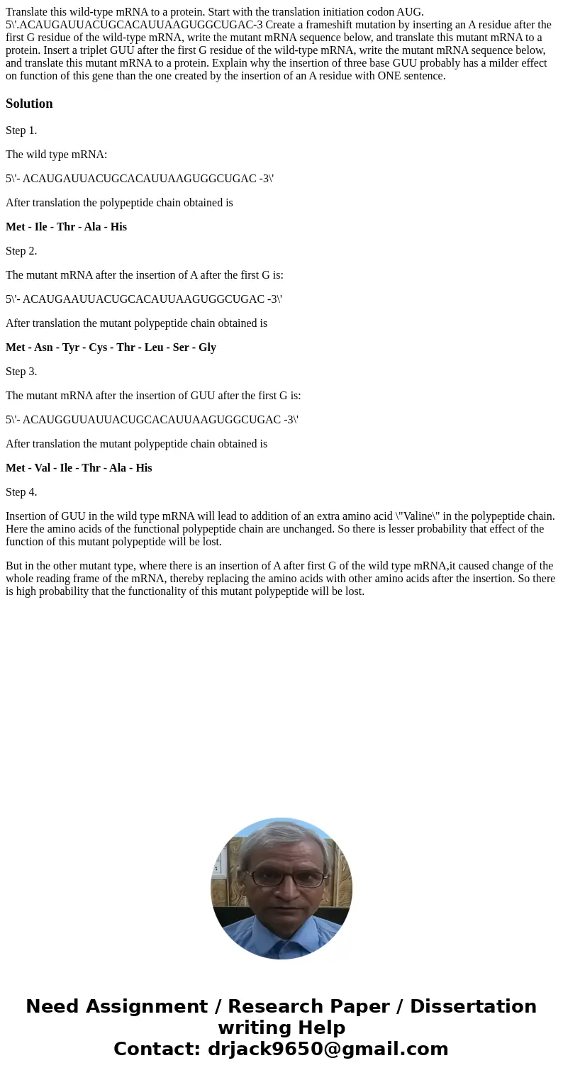 Translate this wild-type mRNA to a protein. Start with the translation initiation codon AUG. 5\'.ACAUGAUUACUGCACAUUAAGUGGCUGAC-3 Create a frameshift mutation b  Translate this wild-type mRNA to a protein. Start with the translation initiation codon AUG. 5\'.ACAUGAUUACUGCACAUUAAGUGGCUGAC-3 Create a frameshift mutation b