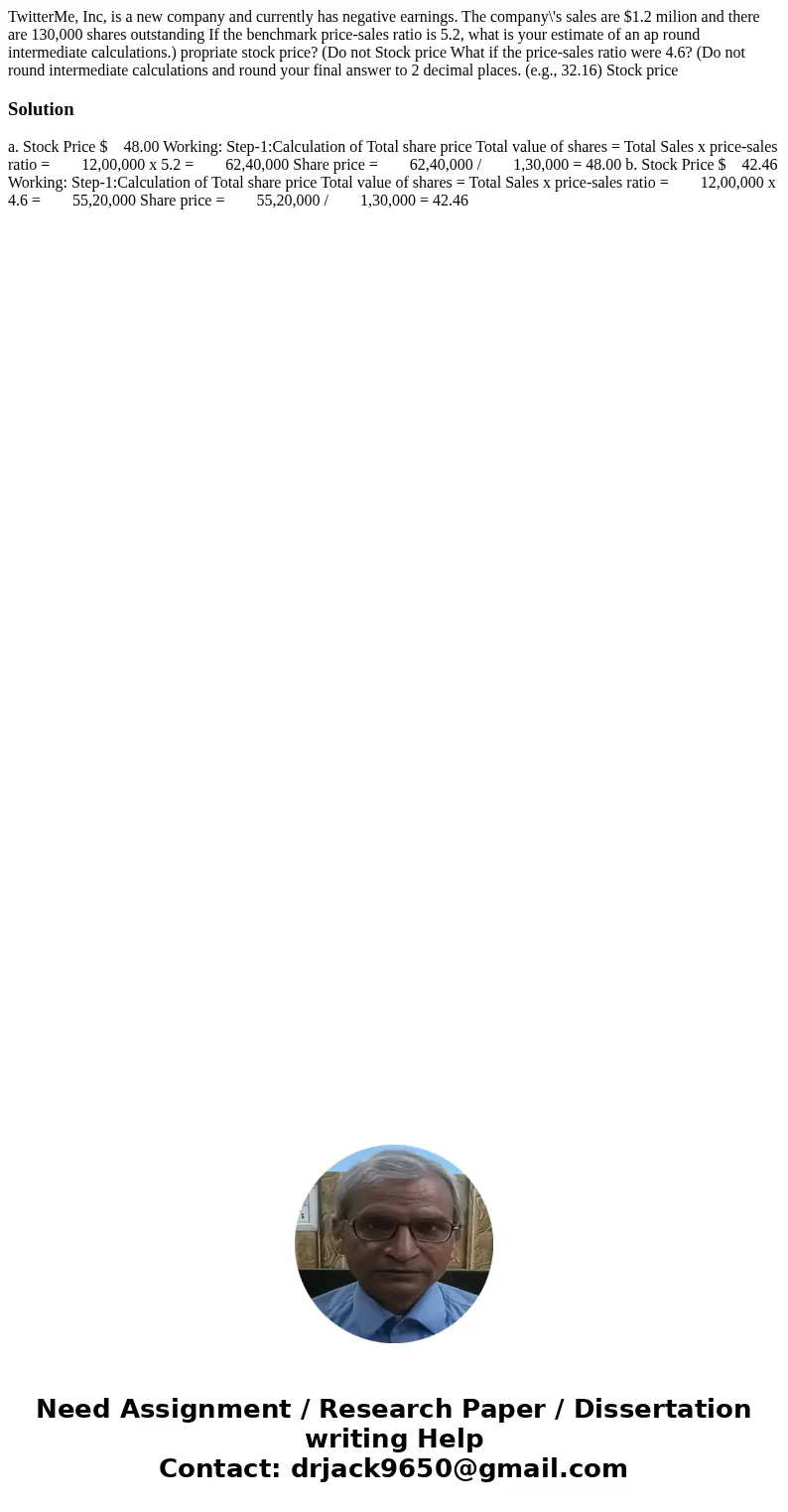 TwitterMe, Inc, is a new company and currently has negative earnings. The company\'s sales are $1.2 milion and there are 130,000 shares outstanding If the benc  TwitterMe, Inc, is a new company and currently has negative earnings. The company\'s sales are $1.2 milion and there are 130,000 shares outstanding If the benc