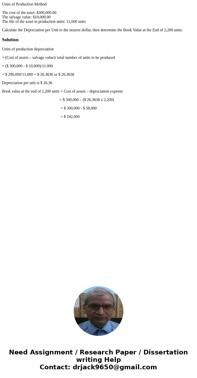 Units of Production Method The cost of the asset: $300,000.00 The salvage value: $10,000.00 The life of the asset in production units: 11,000 units Calculate th Units of Production Method The cost of the asset: $300,000.00 The salvage value: $10,000.00 The life of the asset in production units: 11,000 units Calculate th