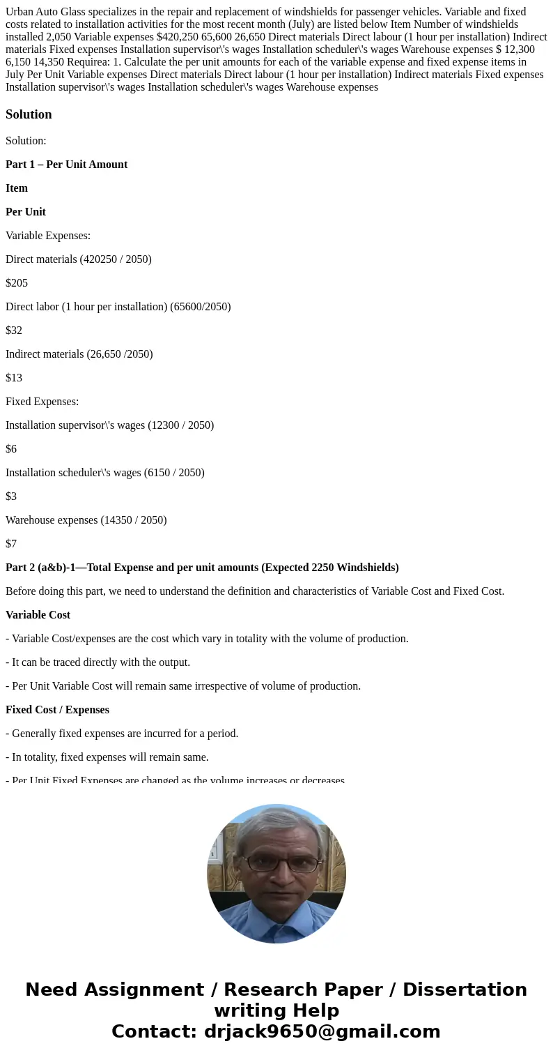 Urban Auto Glass specializes in the repair and replacement of windshields for passenger vehicles. Variable and fixed costs related to installation activities f  Urban Auto Glass specializes in the repair and replacement of windshields for passenger vehicles. Variable and fixed costs related to installation activities f