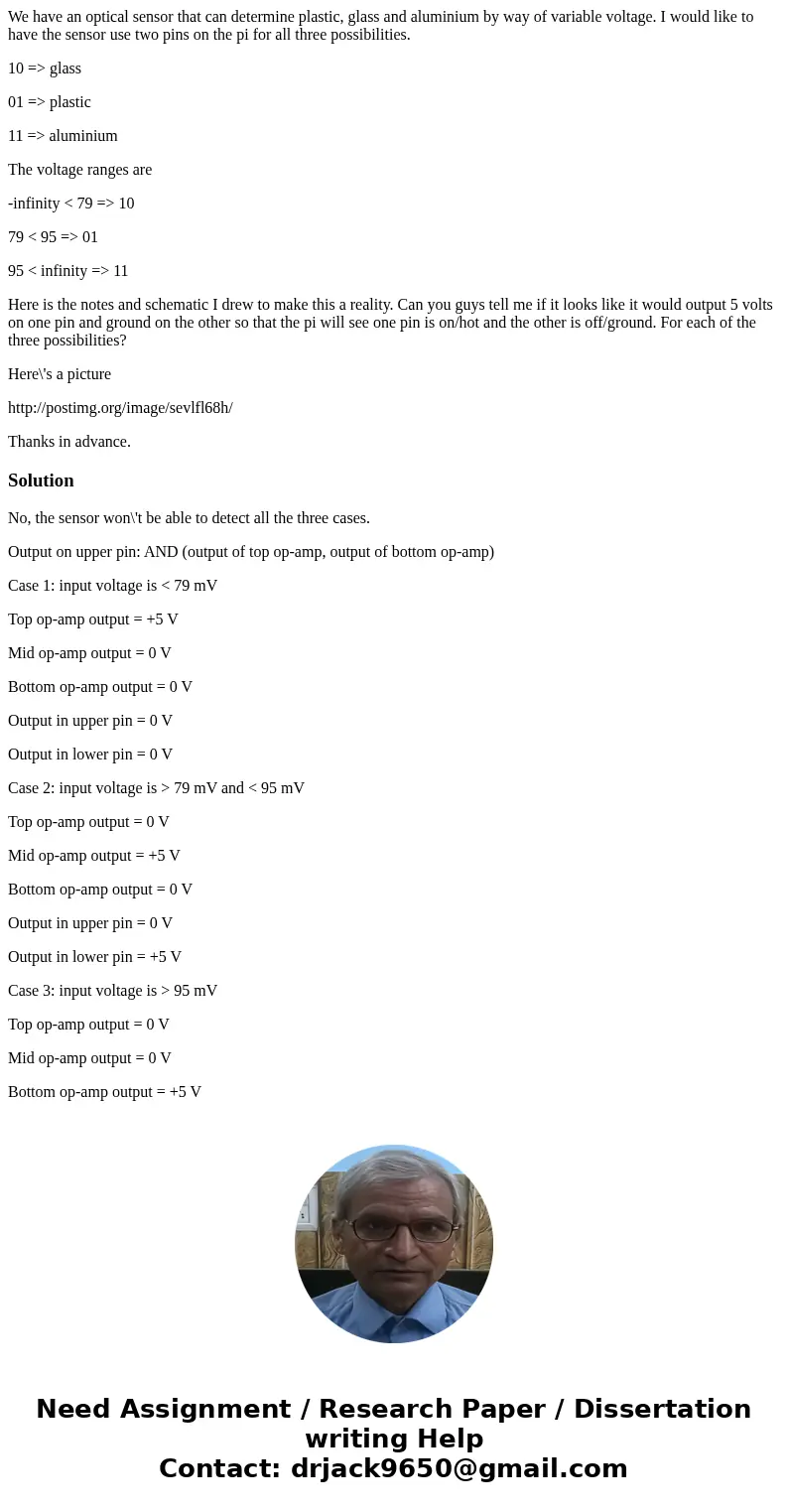 We have an optical sensor that can determine plastic, glass and aluminium by way of variable voltage. I would like to have the sensor use two pins on the pi for We have an optical sensor that can determine plastic, glass and aluminium by way of variable voltage. I would like to have the sensor use two pins on the pi for