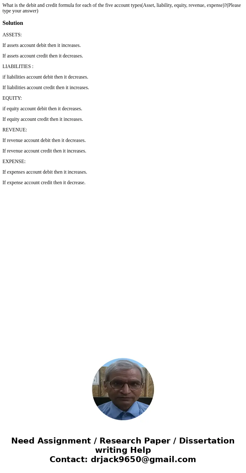 What is the debit and credit formula for each of the five account types(Asset, liability, equity, revenue, expense)?(Please type your answer)SolutionASSETS: If  What is the debit and credit formula for each of the five account types(Asset, liability, equity, revenue, expense)?(Please type your answer)SolutionASSETS: If