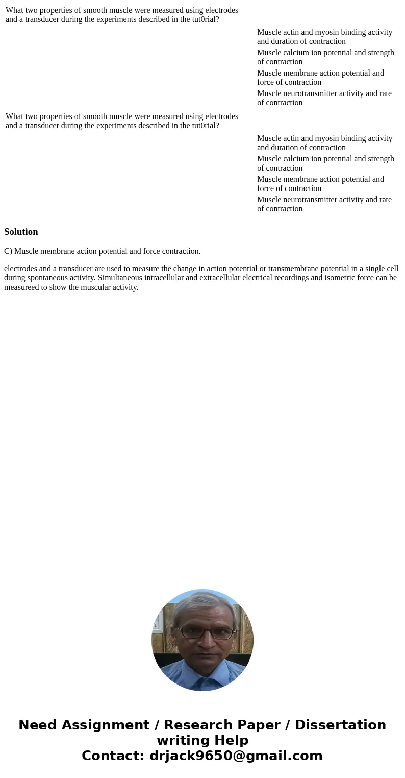  What two properties of smooth muscle were measured using electrodes and a transducer during the experiments described in the tut0rial? Muscle actin and myosin 