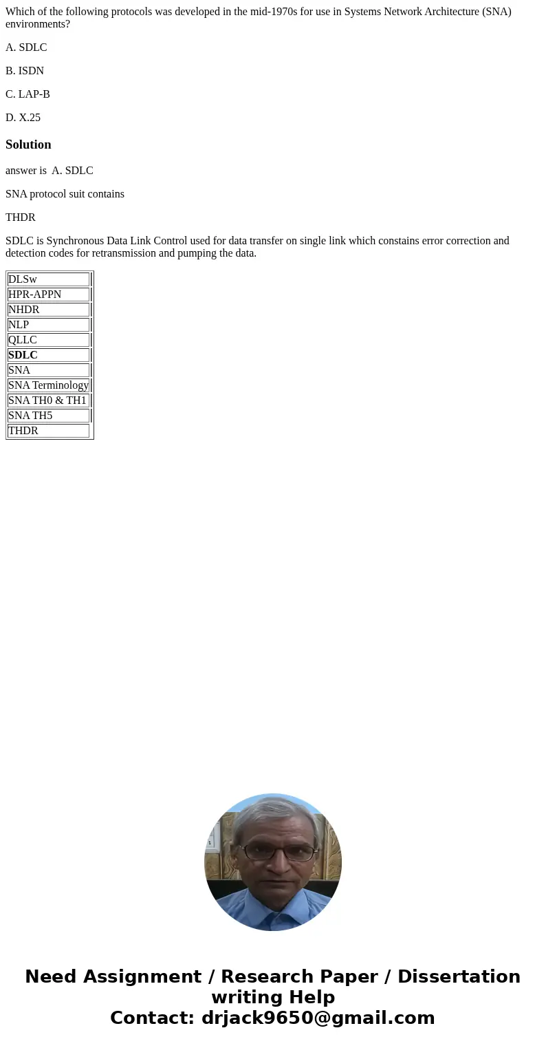 Which of the following protocols was developed in the mid-1970s for use in Systems Network Architecture (SNA) environments? A. SDLC B. ISDN C. LAP-B D. X.25Solu Which of the following protocols was developed in the mid-1970s for use in Systems Network Architecture (SNA) environments? A. SDLC B. ISDN C. LAP-B D. X.25Solu