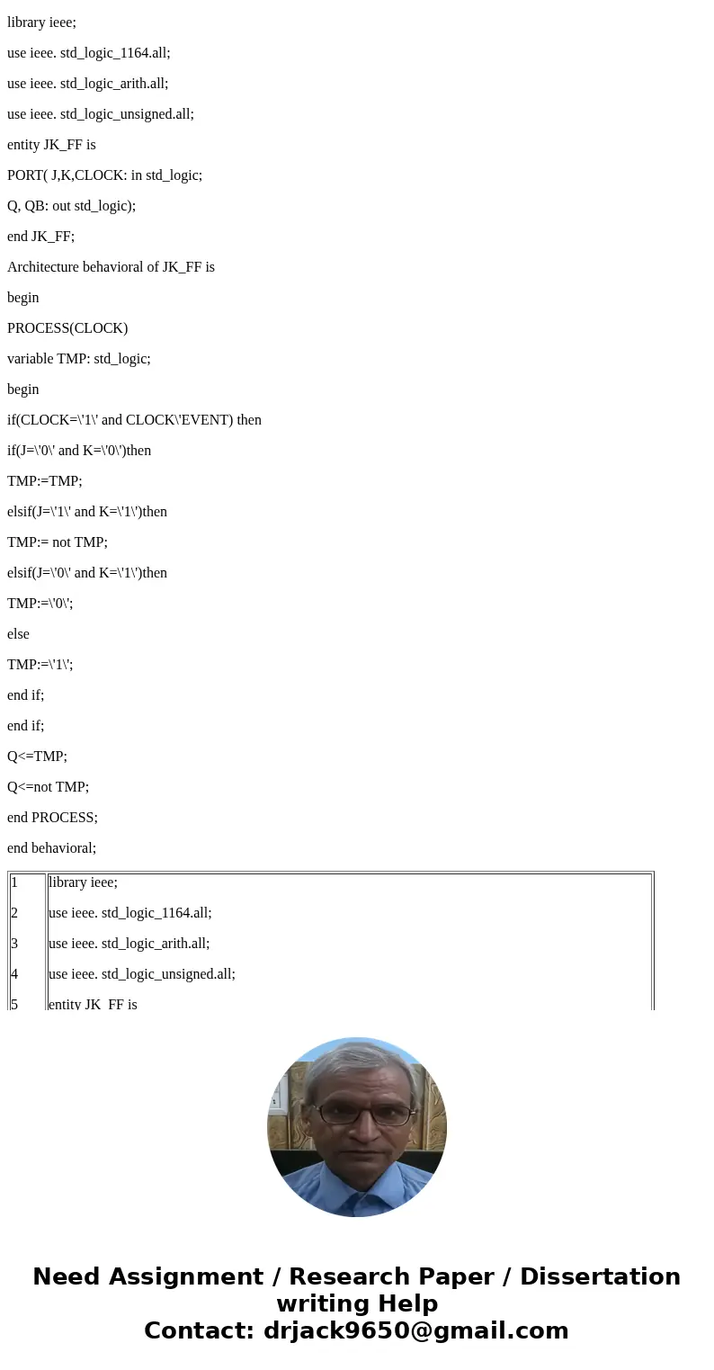 Write the AHDL (or VHDL) code for a typical JK flip-flopSolutionVHDL Code for JK FlipFlop 1 2 3 4 5 6 7 8 9 10 11 12 13 14 15 16 17 18 19 20 21 22 23 24 25 26 2 Write the AHDL (or VHDL) code for a typical JK flip-flopSolutionVHDL Code for JK FlipFlop 1 2 3 4 5 6 7 8 9 10 11 12 13 14 15 16 17 18 19 20 21 22 23 24 25 26 2