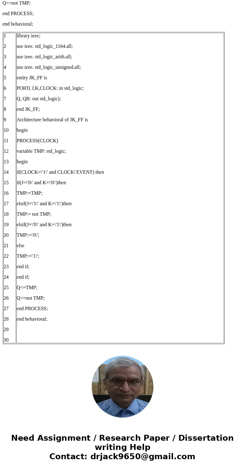 Write the AHDL (or VHDL) code for a typical JK flip-flopSolutionVHDL Code for JK FlipFlop 1 2 3 4 5 6 7 8 9 10 11 12 13 14 15 16 17 18 19 20 21 22 23 24 25 26 2 Write the AHDL (or VHDL) code for a typical JK flip-flopSolutionVHDL Code for JK FlipFlop 1 2 3 4 5 6 7 8 9 10 11 12 13 14 15 16 17 18 19 20 21 22 23 24 25 26 2