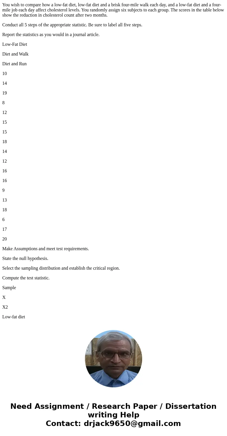 You wish to compare how a low-fat diet, low-fat diet and a brisk four-mile walk each day, and a low-fat diet and a four-mile job each day affect cholesterol lev