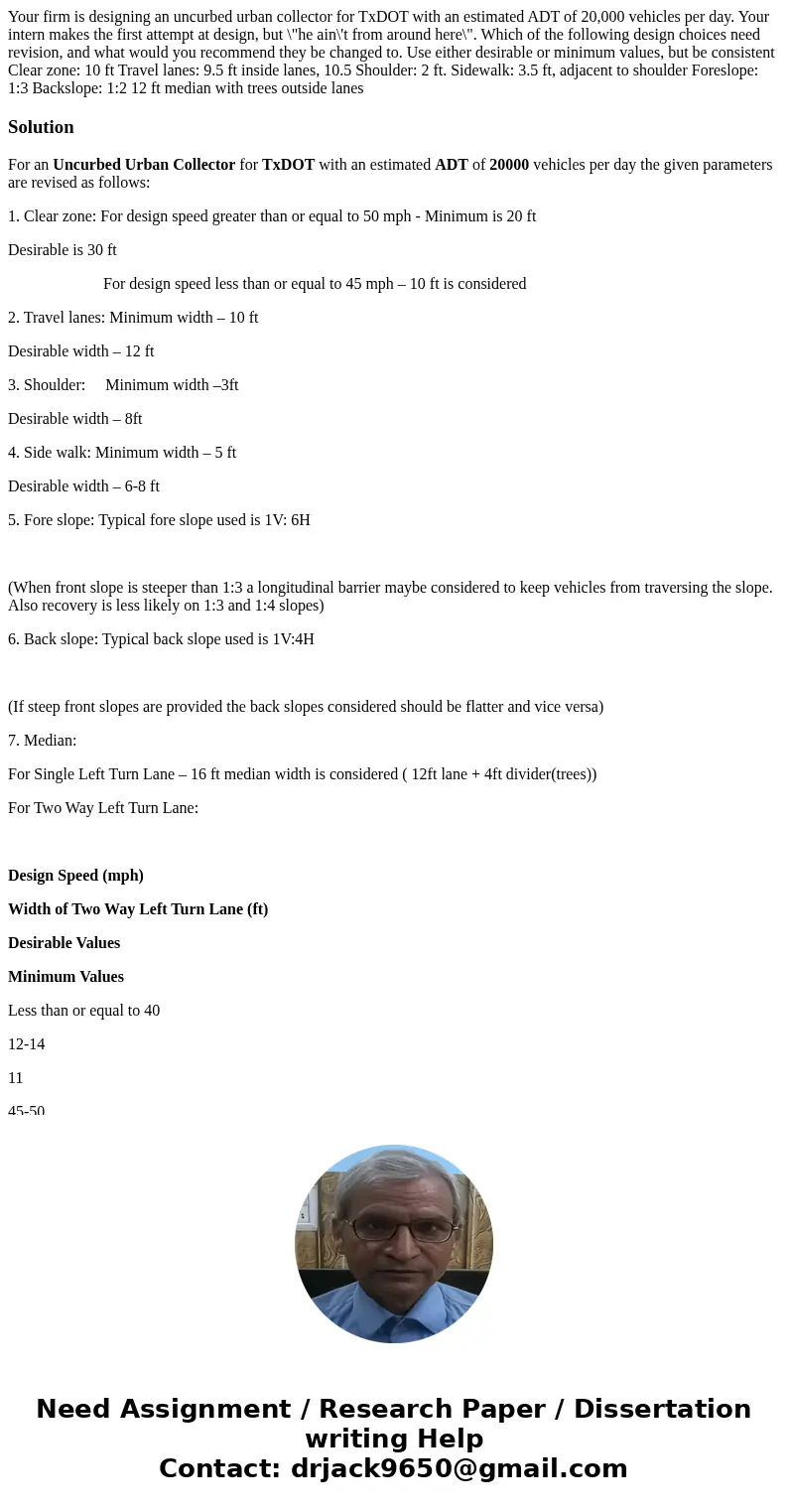  Your firm is designing an uncurbed urban collector for TxDOT with an estimated ADT of 20,000 vehicles per day. Your intern makes the first attempt at design, b