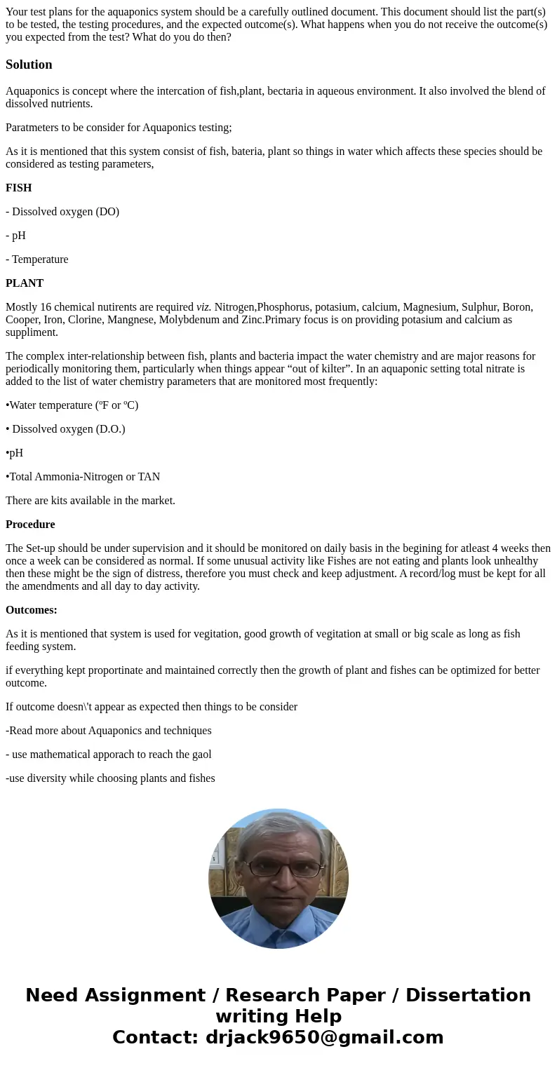 Your test plans for the aquaponics system should be a carefully outlined document. This document should list the part(s) to be tested, the testing procedures, a Your test plans for the aquaponics system should be a carefully outlined document. This document should list the part(s) to be tested, the testing procedures, a