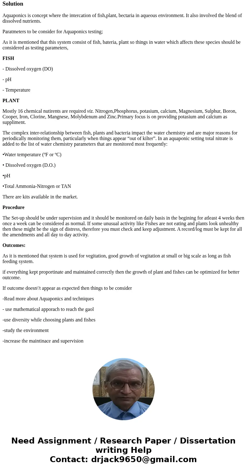 Your test plans for the aquaponics system should be a carefully outlined document. This document should list the part(s) to be tested, the testing procedures, a Your test plans for the aquaponics system should be a carefully outlined document. This document should list the part(s) to be tested, the testing procedures, a