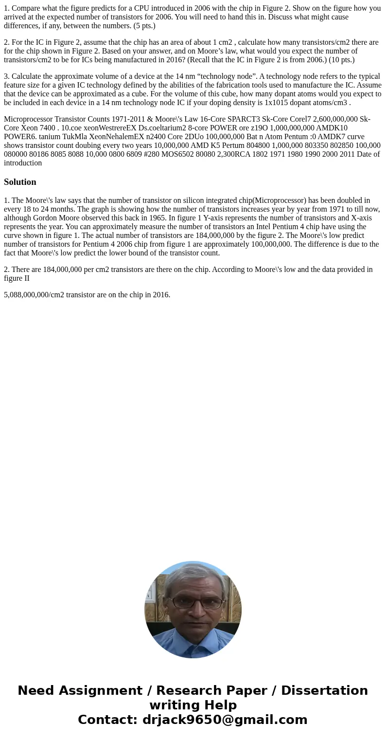 1. Compare what the figure predicts for a CPU introduced in 2006 with the chip in Figure 2. Show on the figure how you arrived at the expected number of transis 1. Compare what the figure predicts for a CPU introduced in 2006 with the chip in Figure 2. Show on the figure how you arrived at the expected number of transis