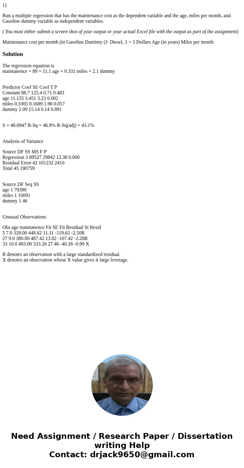 1) Run a multiple regression that has the maintenance cost as the dependent variable and the age, miles per month, and Gasoline dummy variable as independent va 1) Run a multiple regression that has the maintenance cost as the dependent variable and the age, miles per month, and Gasoline dummy variable as independent va