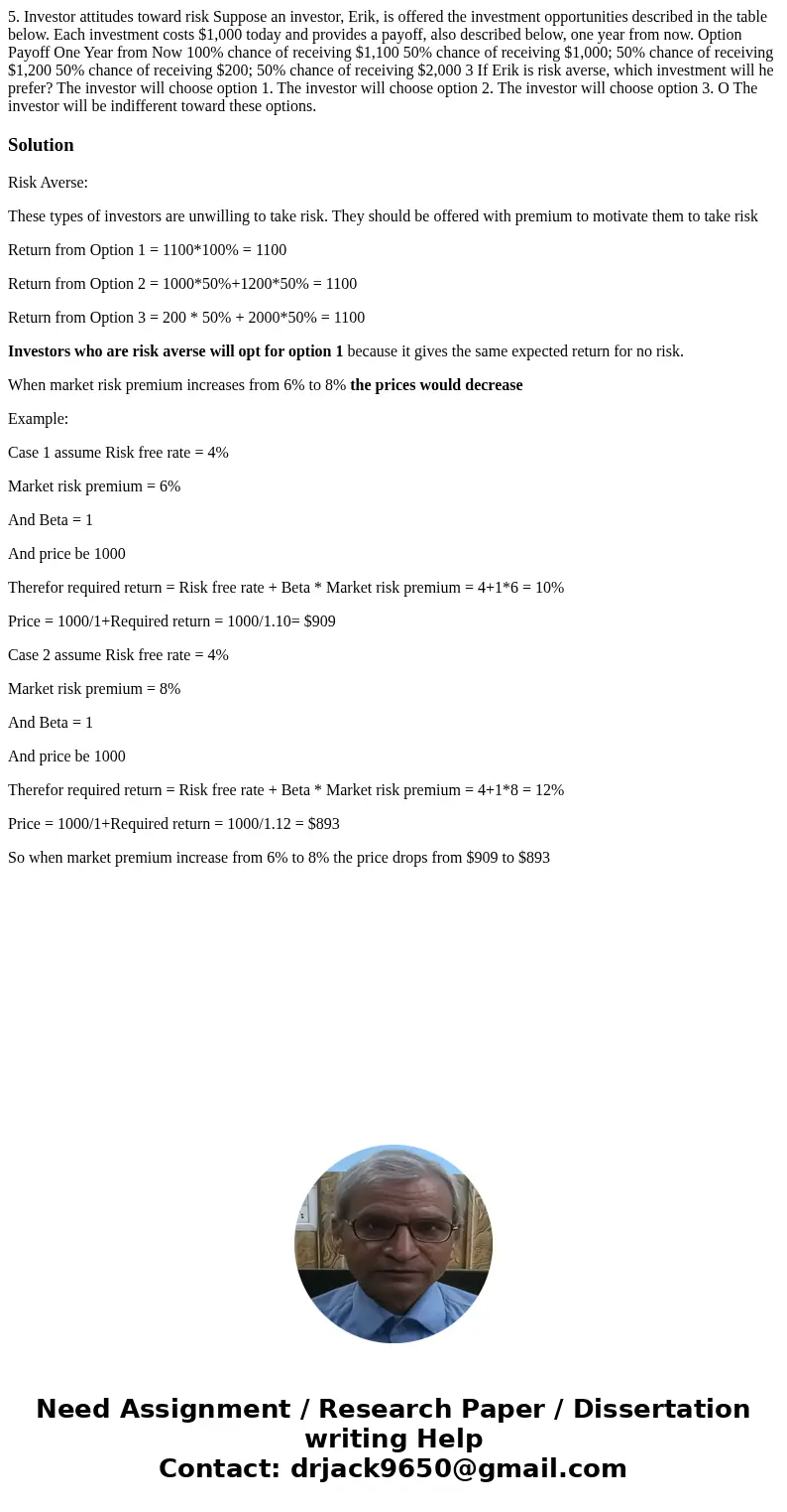 5. Investor attitudes toward risk Suppose an investor, Erik, is offered the investment opportunities described in the table below. Each investment costs $1,000  5. Investor attitudes toward risk Suppose an investor, Erik, is offered the investment opportunities described in the table below. Each investment costs $1,000