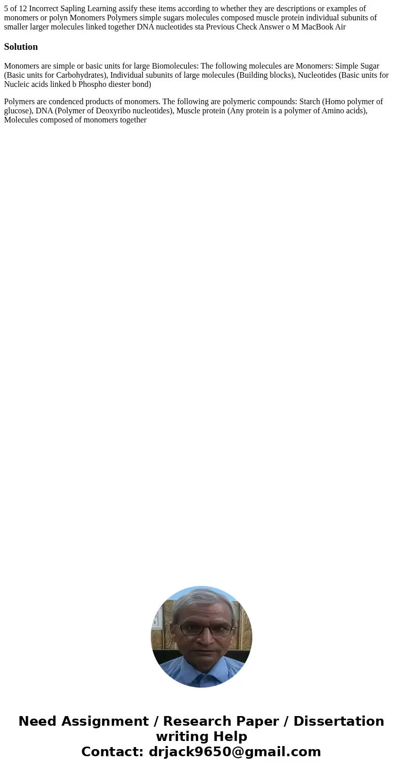 5 of 12 Incorrect Sapling Learning assify these items according to whether they are descriptions or examples of monomers or polyn Monomers Polymers simple suga  5 of 12 Incorrect Sapling Learning assify these items according to whether they are descriptions or examples of monomers or polyn Monomers Polymers simple suga