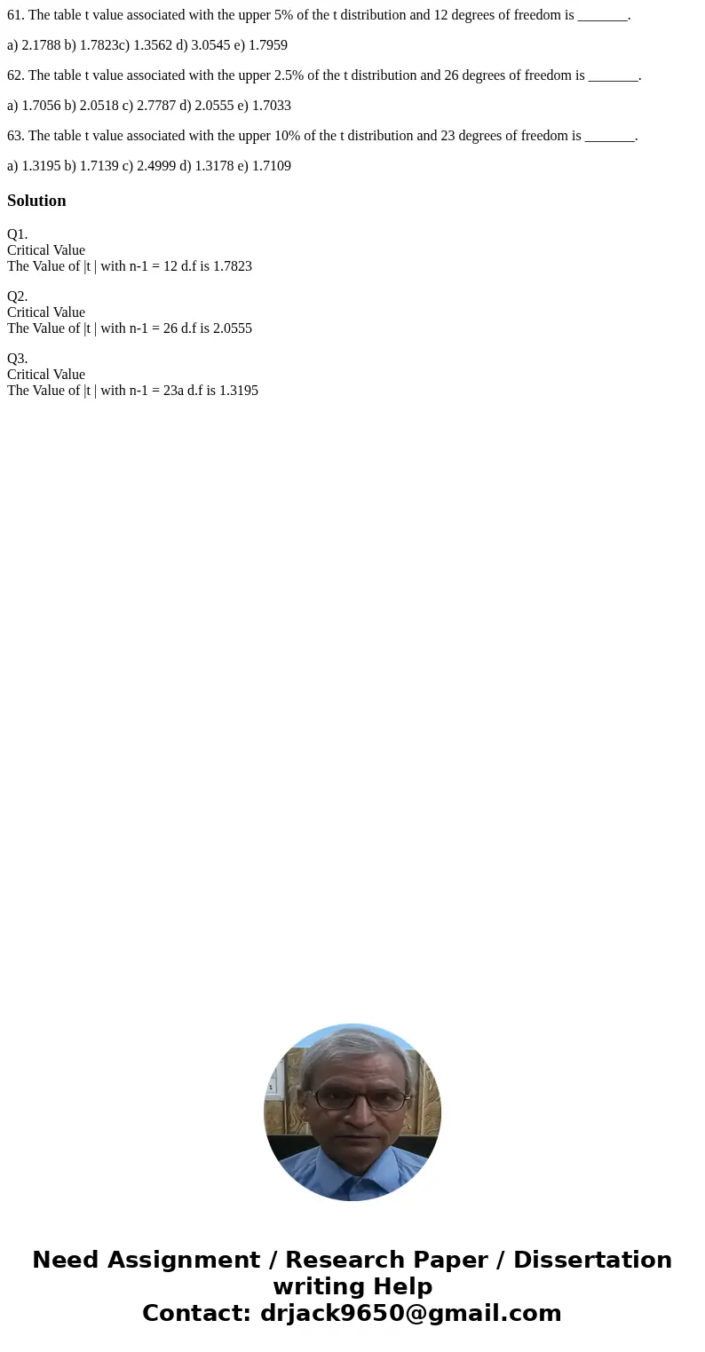 61. The table t value associated with the upper 5% of the t distribution and 12 degrees of freedom is _______. a) 2.1788 b) 1.7823c) 1.3562 d) 3.0545 e) 1.7959 