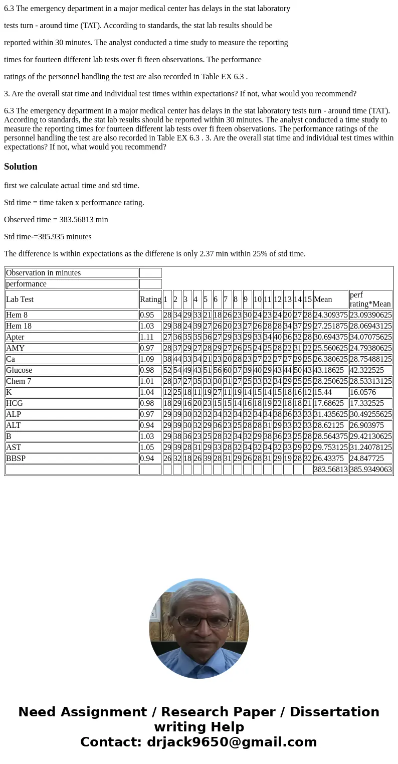 6.3 The emergency department in a major medical center has delays in the stat laboratory tests turn - around time (TAT). According to standards, the stat lab re