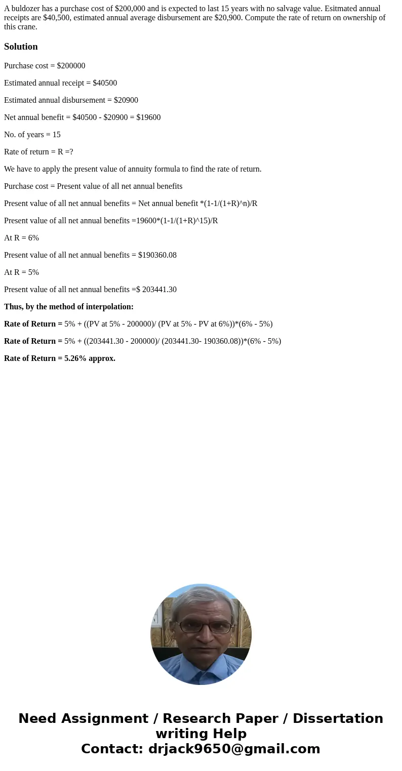 A buldozer has a purchase cost of $200,000 and is expected to last 15 years with no salvage value. Esitmated annual receipts are $40,500, estimated annual avera A buldozer has a purchase cost of $200,000 and is expected to last 15 years with no salvage value. Esitmated annual receipts are $40,500, estimated annual avera
