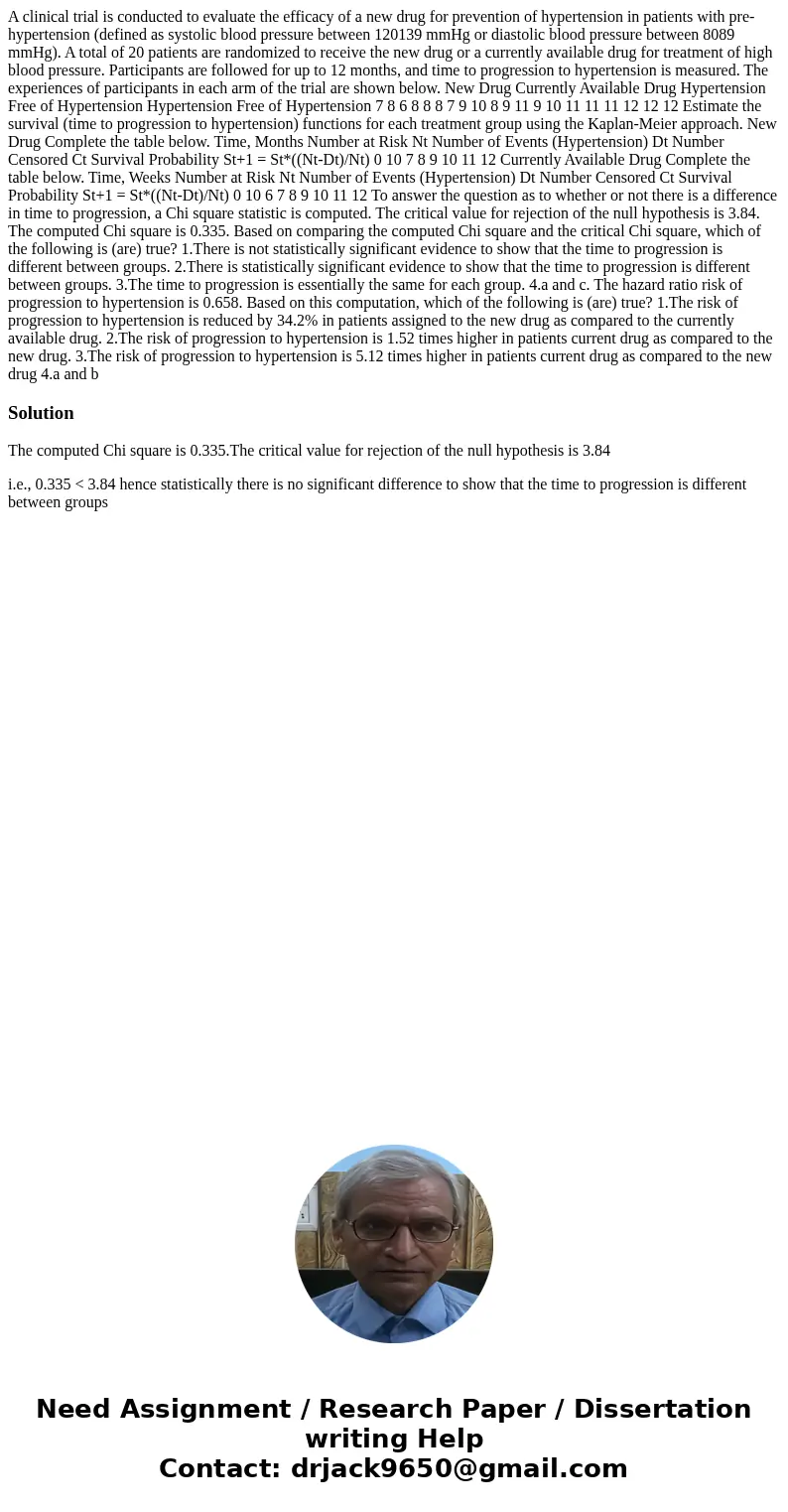 A clinical trial is conducted to evaluate the efficacy of a new drug for prevention of hypertension in patients with pre-hypertension (defined as systolic blood A clinical trial is conducted to evaluate the efficacy of a new drug for prevention of hypertension in patients with pre-hypertension (defined as systolic blood