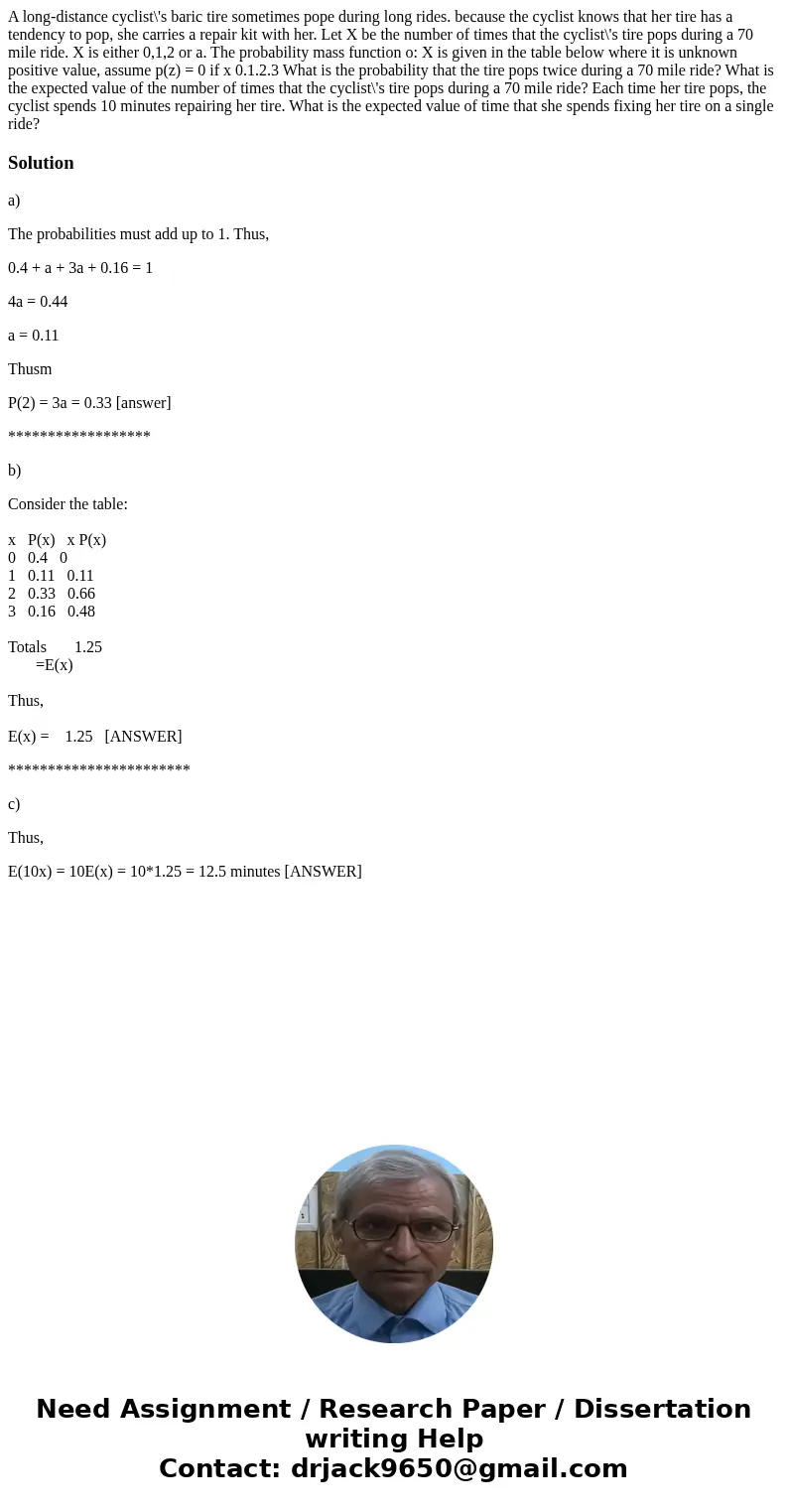  A long-distance cyclist\'s baric tire sometimes pope during long rides. because the cyclist knows that her tire has a tendency to pop, she carries a repair kit