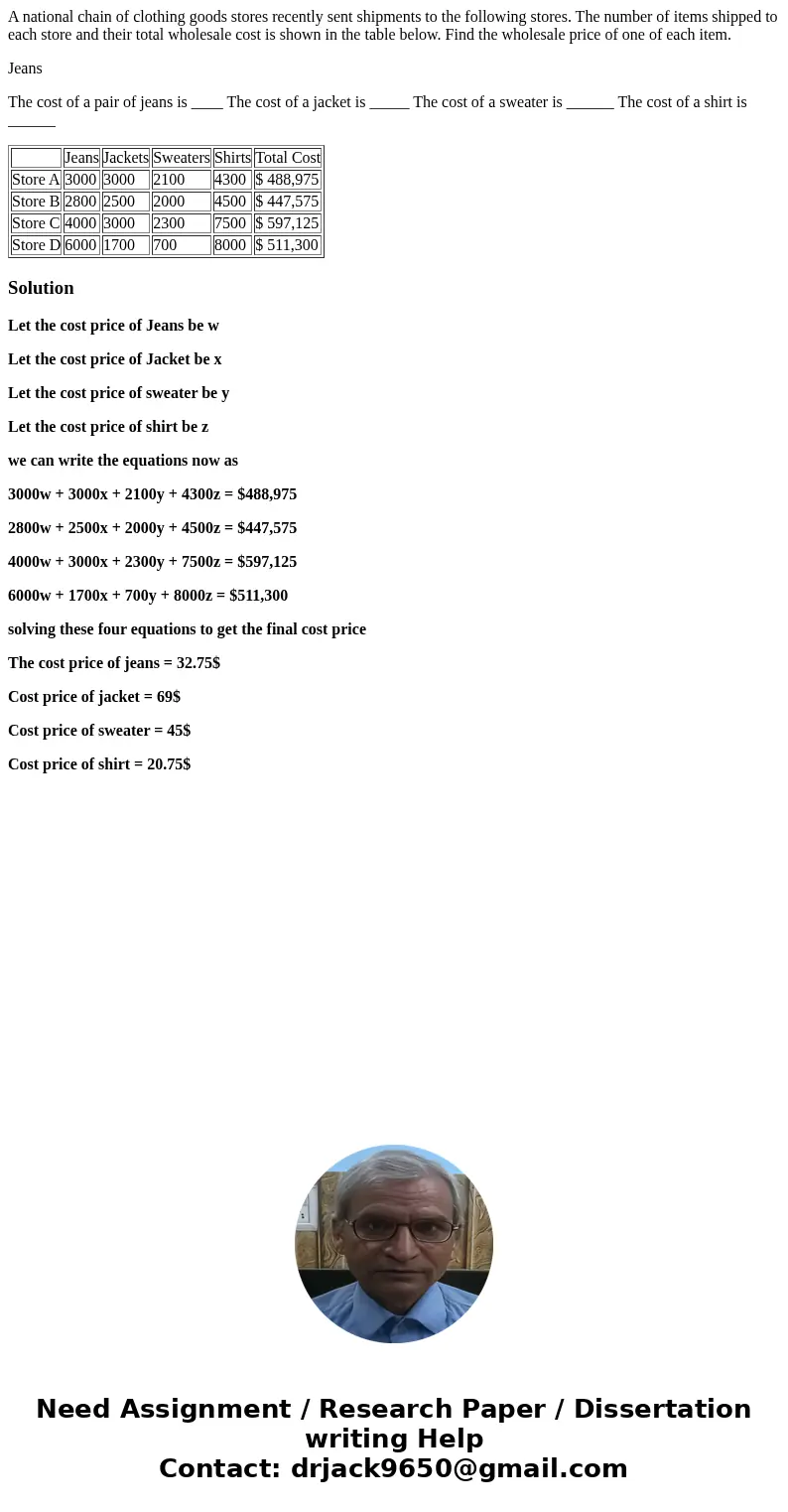 A national chain of clothing goods stores recently sent shipments to the following stores. The number of items shipped to each store and their total wholesale c A national chain of clothing goods stores recently sent shipments to the following stores. The number of items shipped to each store and their total wholesale c