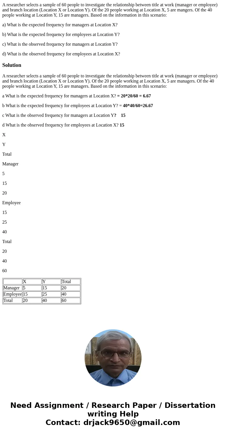 A researcher selects a sample of 60 people to investigate the relationship between title at work (manager or employee) and branch location (Location X or Locati A researcher selects a sample of 60 people to investigate the relationship between title at work (manager or employee) and branch location (Location X or Locati