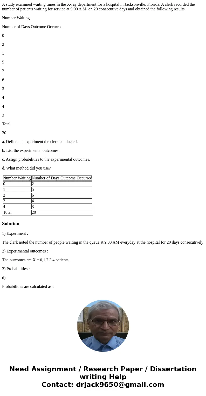 A study examined waiting times in the X-ray department for a hospital in Jacksonville, Florida. A clerk recorded the number of patients waiting for service at 9 A study examined waiting times in the X-ray department for a hospital in Jacksonville, Florida. A clerk recorded the number of patients waiting for service at 9