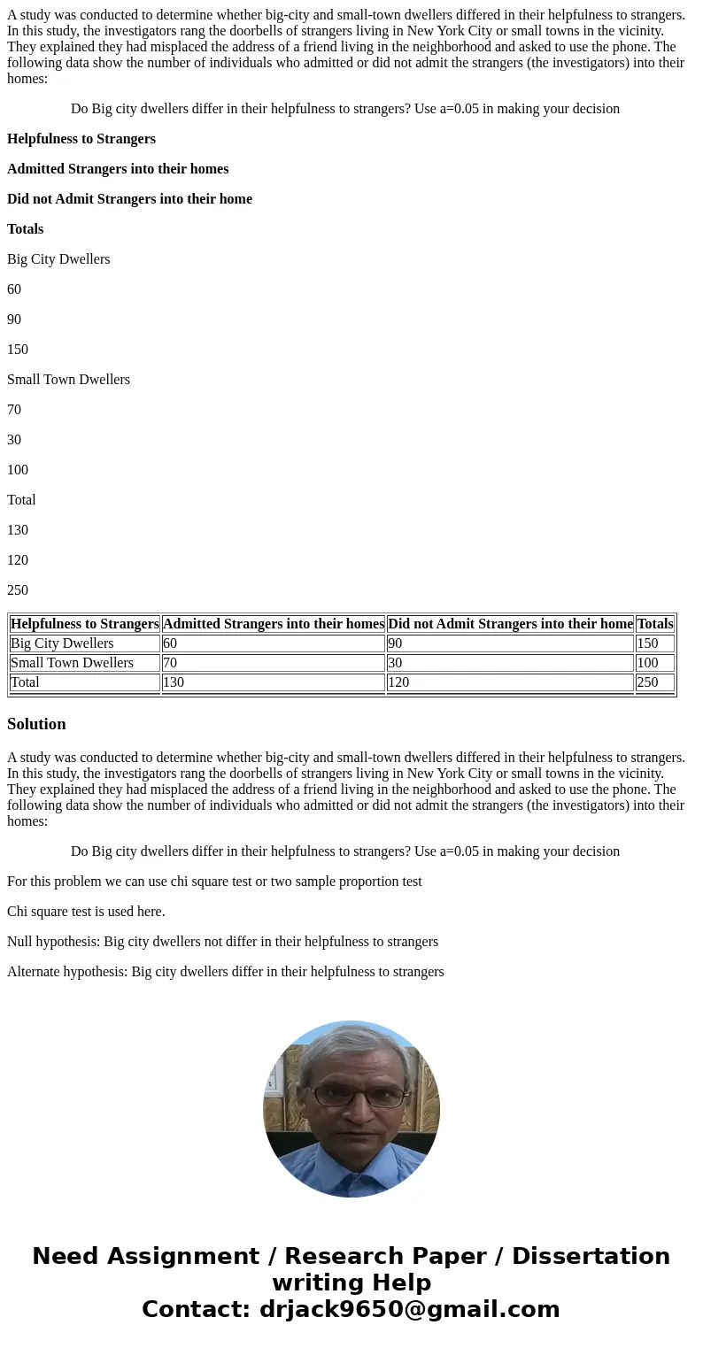 A study was conducted to determine whether big-city and small-town dwellers differed in their helpfulness to strangers. In this study, the investigators rang th