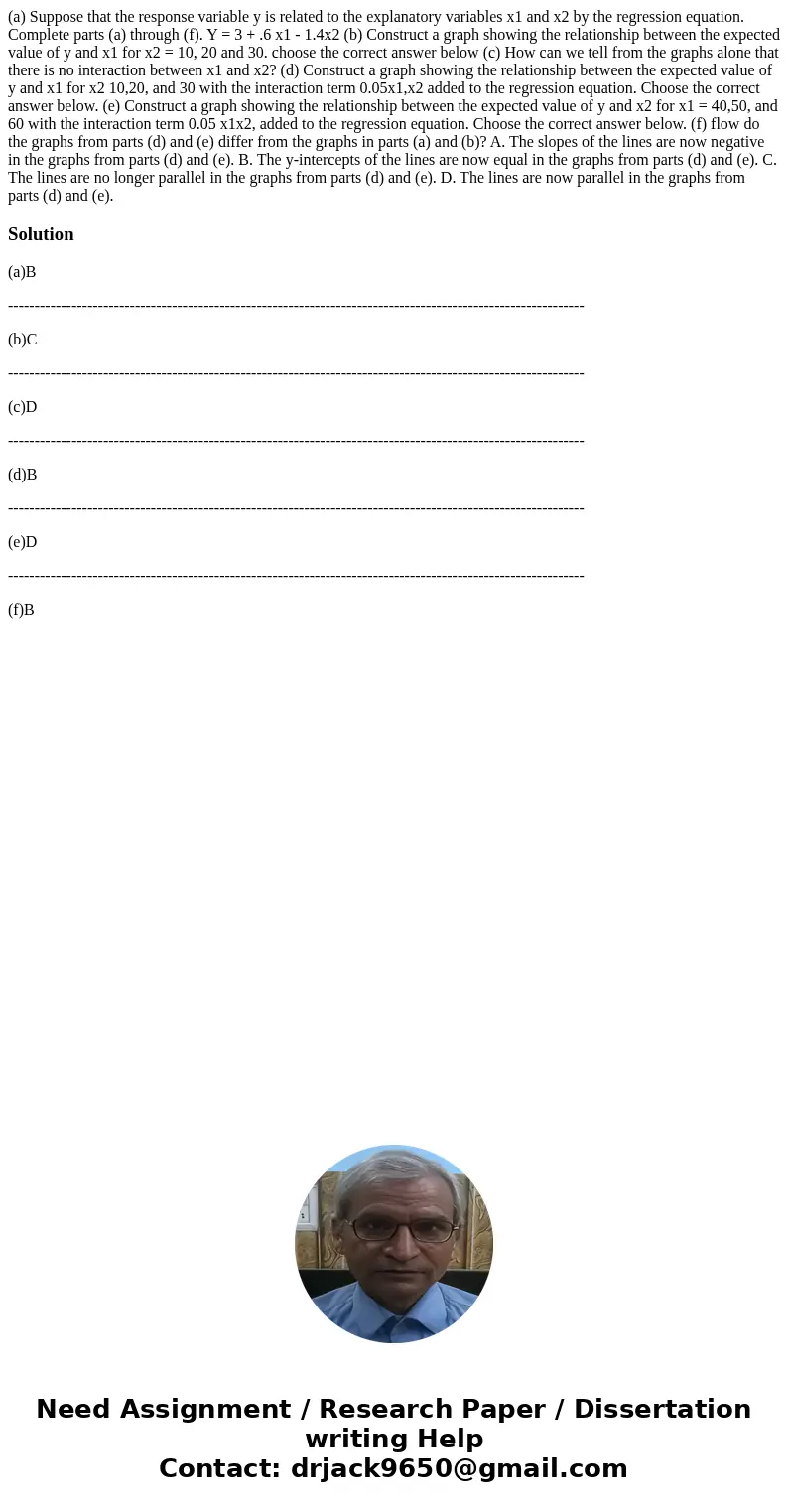 (a) Suppose that the response variable y is related to the explanatory variables x1 and x2 by the regression equation. Complete parts (a) through (f). Y = 3 +   (a) Suppose that the response variable y is related to the explanatory variables x1 and x2 by the regression equation. Complete parts (a) through (f). Y = 3 +